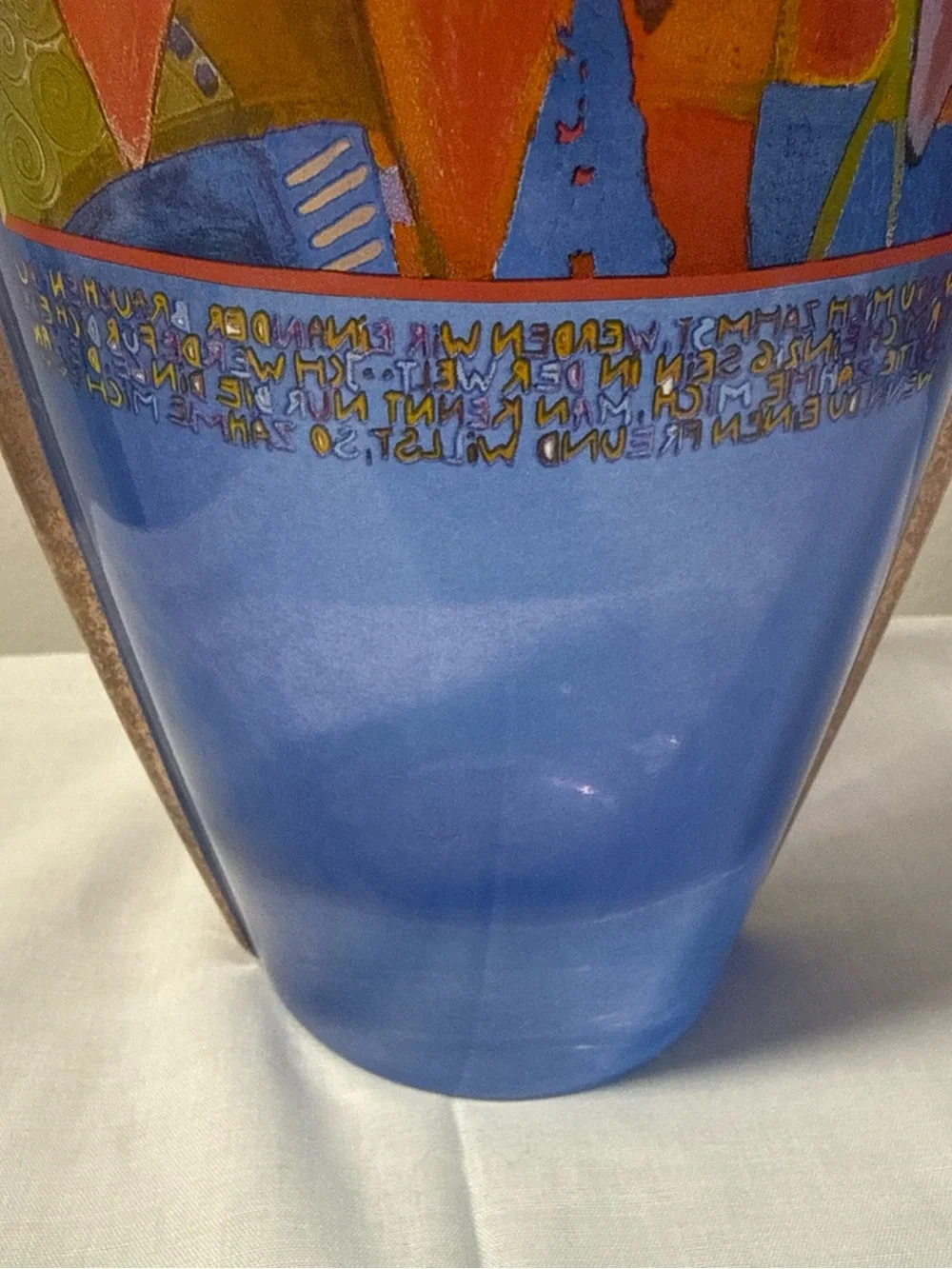 Goebel Blue Glass Vase with Multicolor Heart Motif signed MARA! 30cm tall